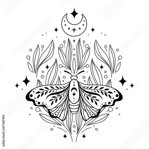 Magical monochrome butterfly night moth and twigs, crescent, stars and fairy dust on white background. Vector symmetric celestial boho print, tattoo sketch