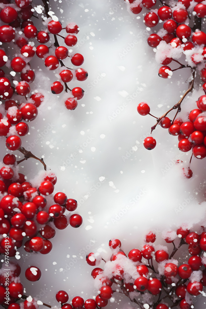 Christmas natural art background, Berry and pine branches on snow falling Suitable for cards design, new year invitations, floating board, copy space, greetings template, generative ai