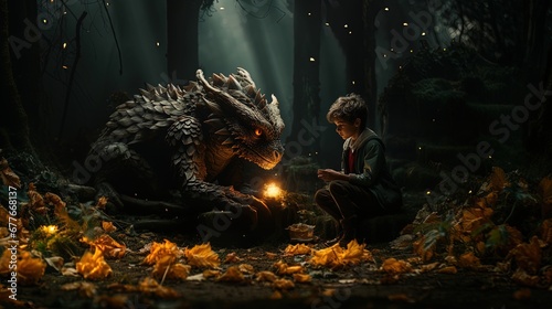 Boy with his dragon at night in the forest resting.