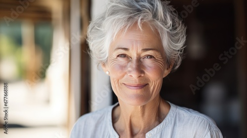 Headshot of beautiful elderly woman looking at camera and smiling while standing ,Emotions and health concept,