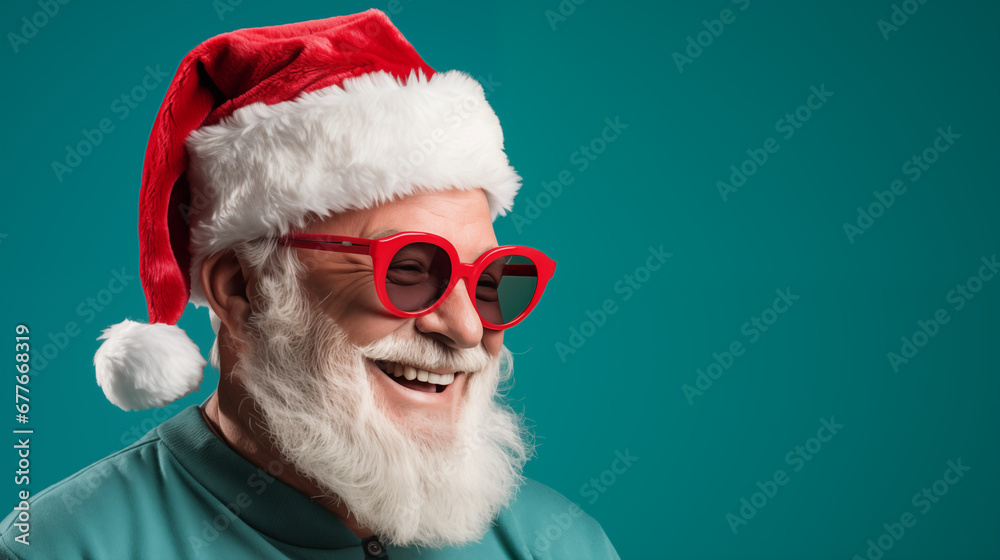 Naklejka premium Generative AI photo of cool street vibe Santa Claus in cherry red jacket and sunglasses on a green background with copy space