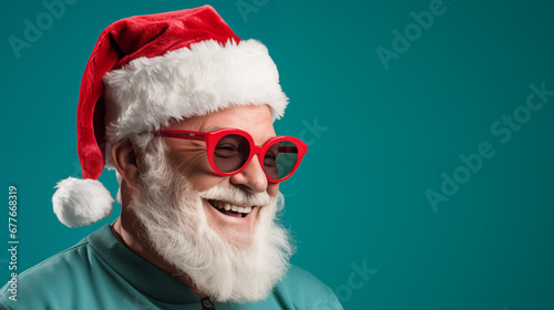 Generative AI photo of cool street vibe Santa Claus in cherry red jacket and sunglasses on a green background with copy space