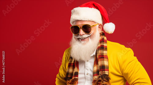 Generative AI photo of cool street vibe Santa Claus in cherry red jacket and sunglasses on a red background with copy space