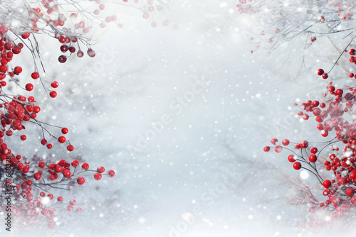 Christmas natural art background, Berry and pine branches on snow falling Suitable for cards design, new year invitations, floating board, copy space, greetings template, generative ai
