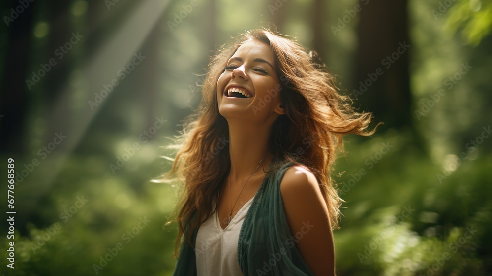 Overjoyed happy woman enjoying the green beautiful nature woods forest around her Overjoyed happy woman enjoying the green beautiful nature woods forest around her