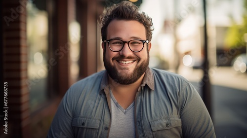 Emotions and health concept, Plus sized man smiling portrait standing