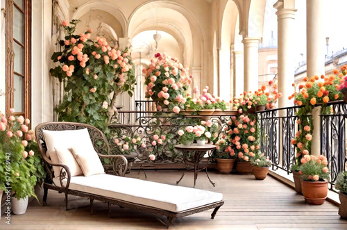 Beautiful balustrade or terrace with board floor, armchair and blooming abridged flowers plants. photo