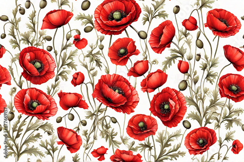 Red poppies flowers on white background