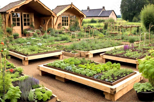 Wooden raided beds in avant-garde garden growing plants herbs spices vegetables and flowers abreast a board abode in the countryside photo