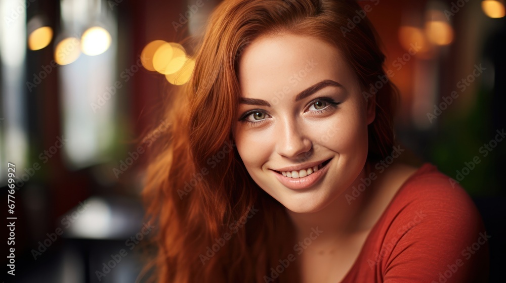Portrait of Charming bright happy young ginger chubby overweight woman 20s years old wears red shirt looking camera smiling Portrait of Charming bright happy young ginger chubby overweight woman 20s years old wears red shirt looking camera smiling