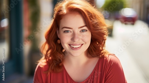 Portrait of Charming bright happy young ginger chubby overweight woman 20s years old wears red shirt looking camera smiling  © CStock