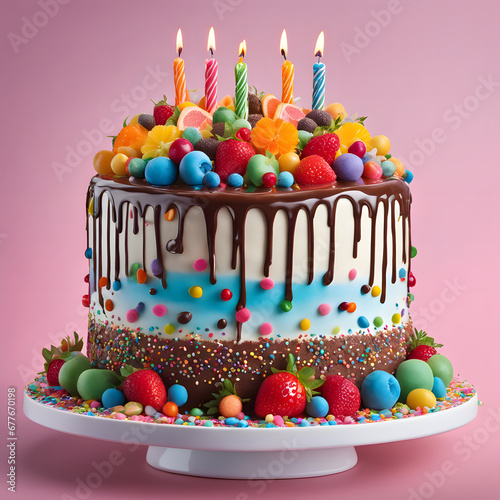 A large birthday cake topped with a chocolate layer and sprinkled with colorful toppings.