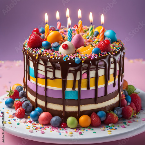 A large birthday cake topped with a chocolate layer and sprinkled with colorful toppings.