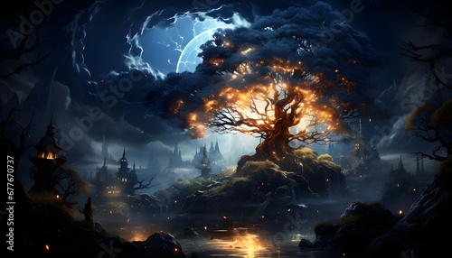 landscape with moon and stars in fantasy land