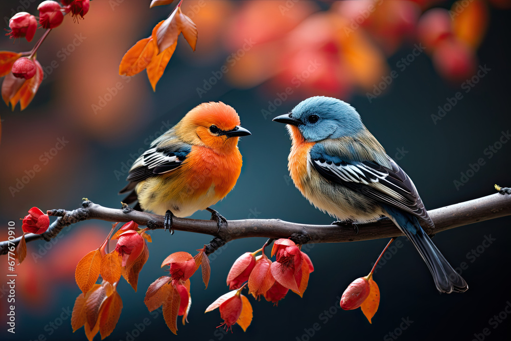 two robin birds on branch, nature