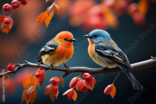 two robin birds on branch, nature