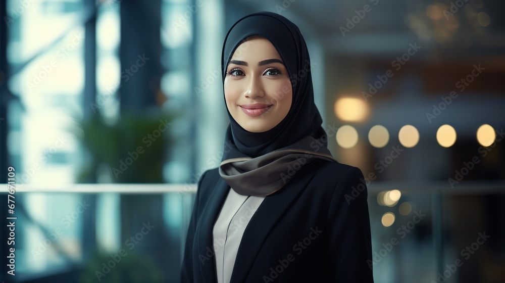 Portrait of Muslim Businesswoman Wearing Hijab Works on Engineering 