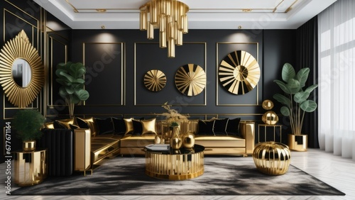 Black velvet tufted sofas and yellow leather chair in classic room with black walls. Art deco interior design of modern living room photo