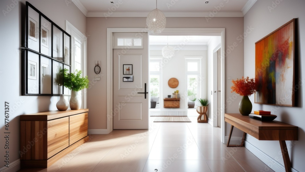 Fototapeta premium Bright interior design of modern entrance hall with door and wooden console table