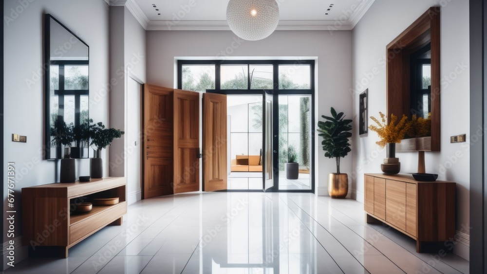 Fototapeta premium Bright interior design of modern entrance hall with door and wooden console table