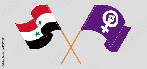Crossed and waving flags of Syria and Feminism