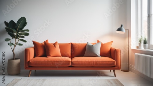 Close up of fabric sofa with terra cotta pillow against window and white wall. Scandinavian home interior design of modern living room © Marko