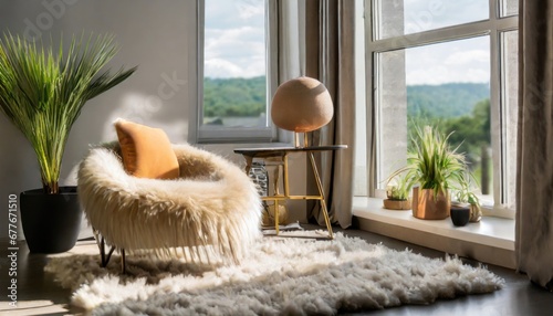 Fluffy fur sheepskin chair on shaggy rug near window. Minimalist home interior design of modern living room