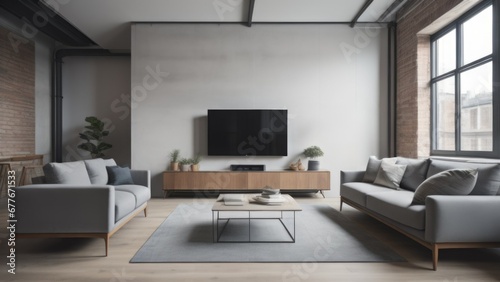 Gray sofa and tv unit in loft interior design of modern living room © Marko