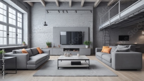 Gray sofa and tv unit in loft interior design of modern living room