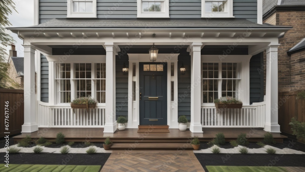 Main entrance door in house. Wooden front door with gabled porch and landing. Exterior of georgian style home cottage with white columns and stone cladding - obrazy, fototapety, plakaty 