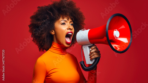 African American Woman with Bold Expression: Passionate Shout in Red Backdrop
