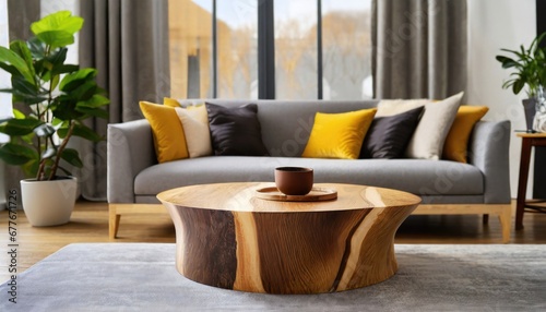 Live edge wooden accent coffee table near sofa close up. Interior design of modern living room