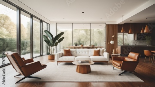 Mid-century style home interior design of modern living room with white sofa and brown leather armchairs
