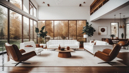 Mid-century style home interior design of modern living room with white sofa and brown leather armchairs © Marko