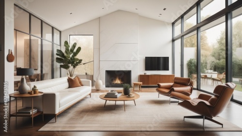 Mid-century style home interior design of modern living room with white sofa and brown leather armchairs