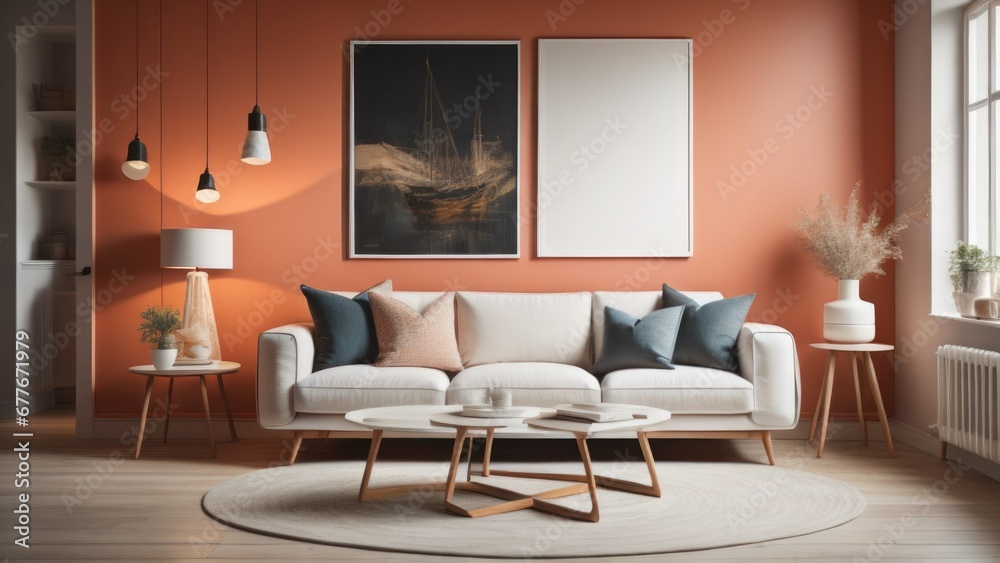 Round coffee table near white corner sofa with terra cotta cushions near paneling wall with art poster. Scandinavian home interior design of modern living room Round coffee table near white corner sofa with terra cotta cushions near paneling wall with art poster. Scandinavian home interior design of modern living room