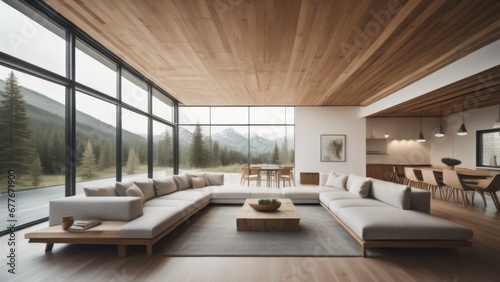 Minimalist interior design of modern living room with two sofas and wooden planks ceiling © Marko