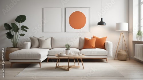 Round coffee table near white corner sofa with terra cotta cushions near paneling wall with art poster. Scandinavian home interior design of modern living room