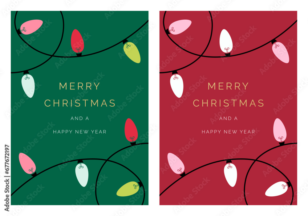 Merry Christmas and Happy New Year Set of greeting cards, holiday cover, invitation template. Modern Christmas lights string design with gold text. Festive vector template set for Christmas cards.