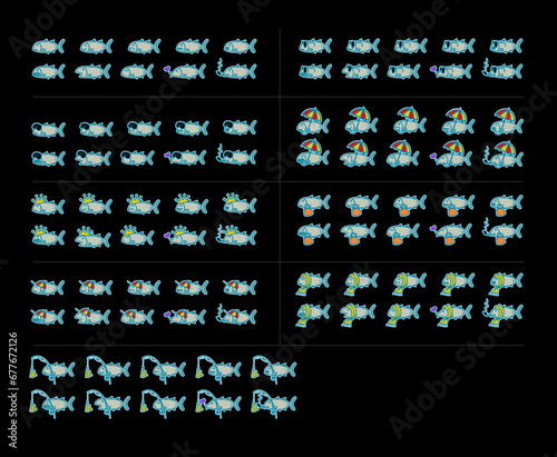 Fish in various expressions, accessories and actions. Fish character concept in cartoon style, isolated on black background.