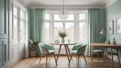 Two mint color chairs at round wooden dining table against window dressed with light green and white curtains