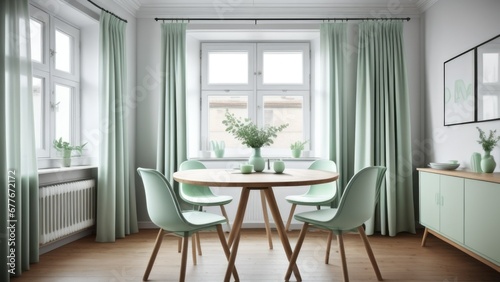 Two mint color chairs at round wooden dining table against window dressed with light green and white curtains