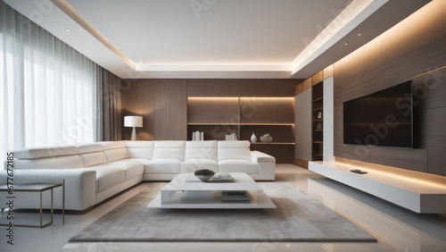 White sofa against tv unit. Minimalist luxury home or hotel interior design of modern living room © Marko