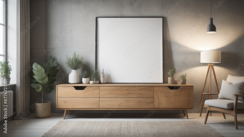 Wooden cabinet, dresser against concrete wall with empty blank mock up poster frame with copy space. Scandinavian home interior design of modern living room Wooden cabinet, dresser against concrete wall with empty blank mock up poster frame with copy space. Scandinavian home interior design of modern living room