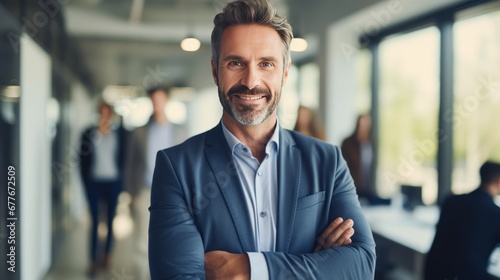 Portrait of Smiling confident business leader looking at camera and standing in an office with blurred background teamwork