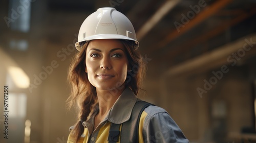 Portrait of smiling female architect in uniform at construction site,engineer looking at camera against background in factory