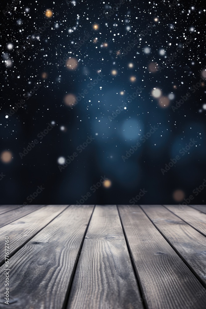 Winter snowy blurred black background and wooden flooring Winter snowy blurred black background and wooden flooring