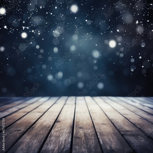 Winter snowy blurred black background and wooden flooring