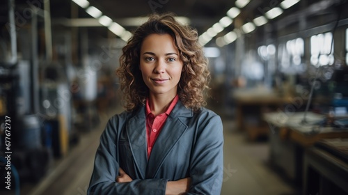Portrait of confident woman, smiling female engineer looking at camera against background in factory,