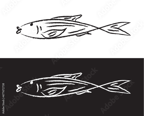 Stylized hand drawn brush, fictional imaginary fish black and white